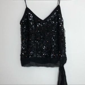 Oboe black sequins spaghetti strap silk top w/ tie